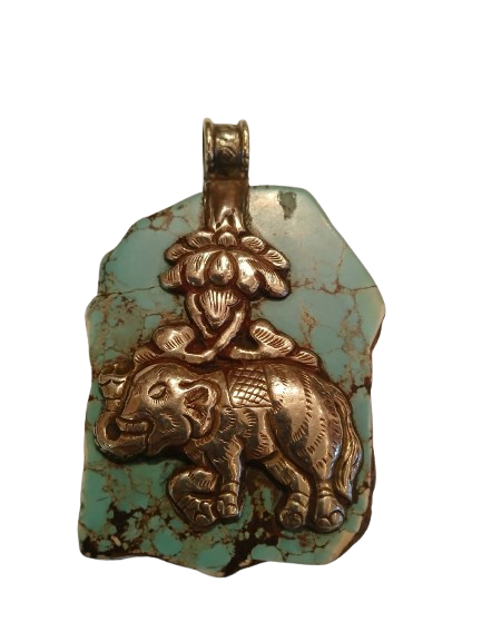 Double-Sided Ganesha & Elephant Tibetan Turquoise Pendant